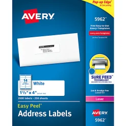 Avery® Easy Peel® Address Labels With Sure Feed® Technology, 5962, Rectangle, 1-1/3" x 4", Matte White, Box Of 3,500