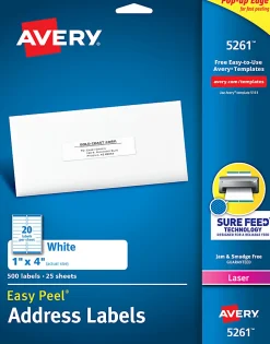 Avery® Easy Peel® Address Labels With Sure Feed® Technology, 5261, Rectangle, 1" x 4", Matte White, Pack Of 500