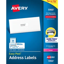 Avery® Easy Peel® Address Labels With Sure Feed® Technology, 5960, Rectangle, 1" x 2-5/8", Matte White, Box Of 7,500