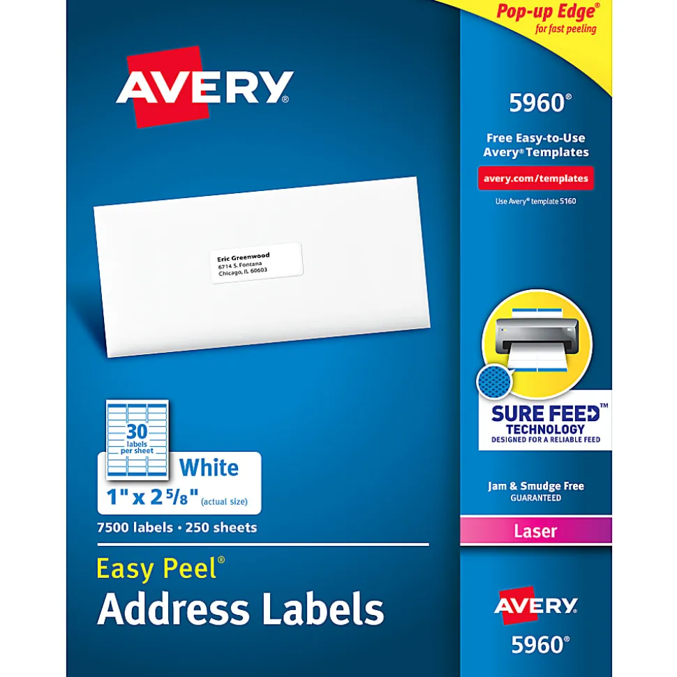Avery® Easy Peel® Address Labels With Sure Feed® Technology, 5960, Rectangle, 1" x 2-5/8", Matte White, Box Of 7,500