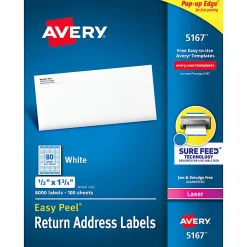 Avery® Easy Peel® Address Labels With Sure Feed® Technology, 5161, Rectangle, 1" x 4", Matte White, Box Of 2,000
