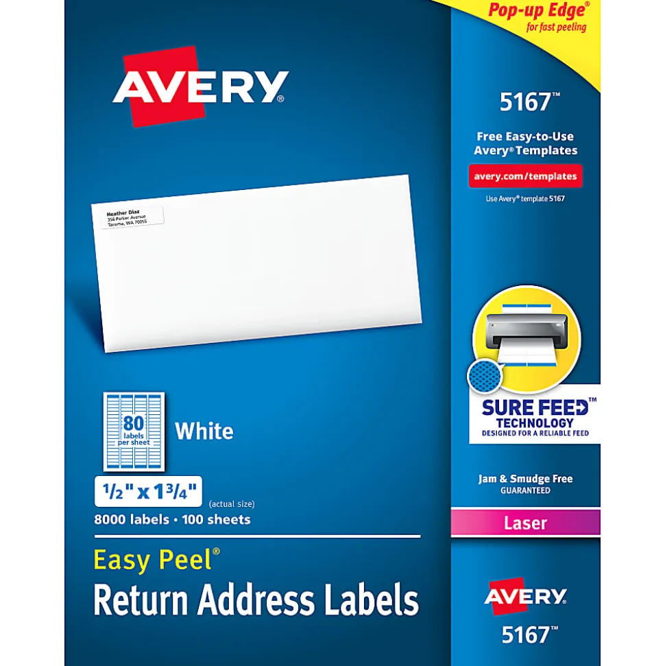 Avery® Easy Peel® Address Labels With Sure Feed® Technology, 5167, Rectangle, 1/2" x 1-3/4", Matte White, Box Of 8,000