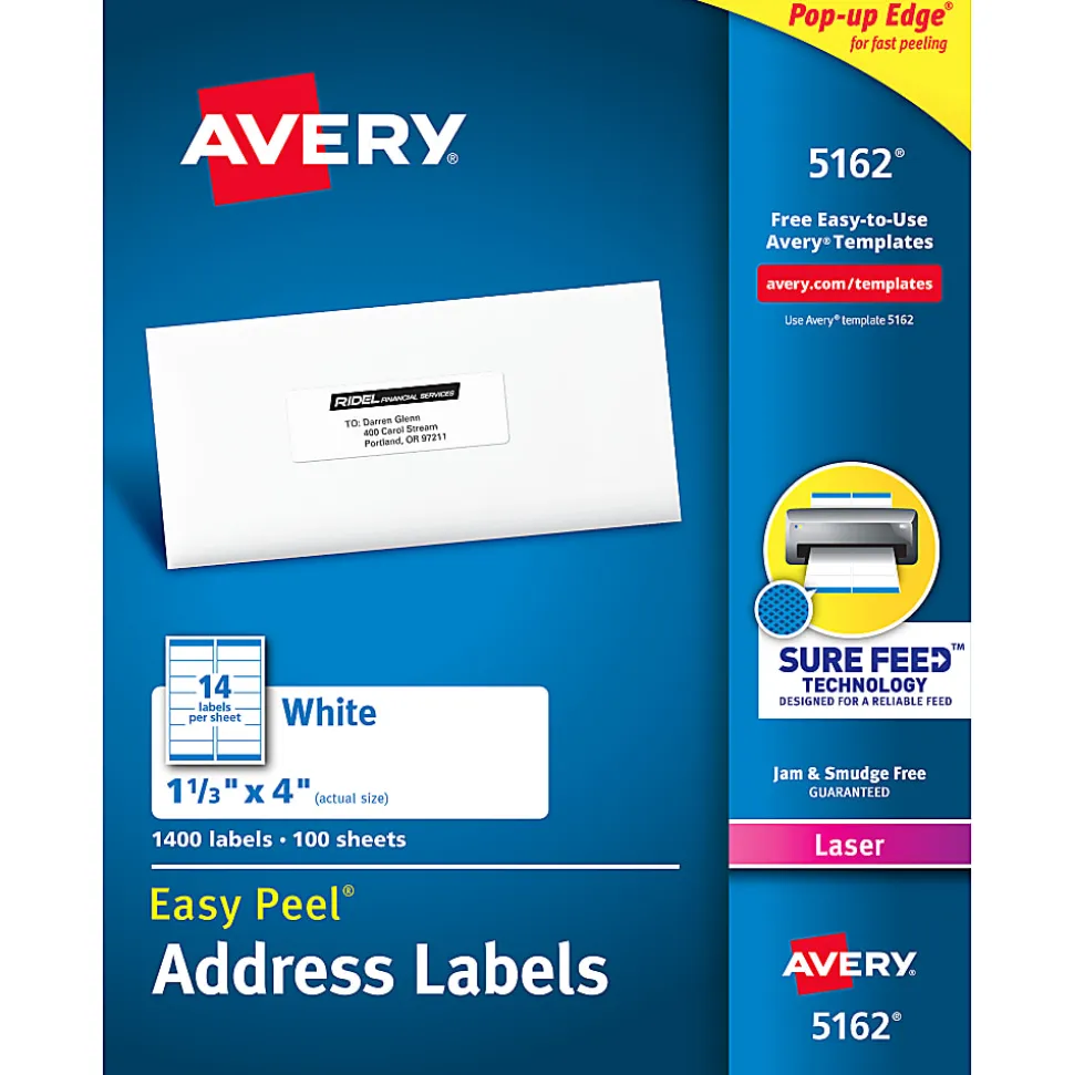 Avery® Easy Peel® Address Labels With Sure Feed® Technology, 5162, Rectangle, 1-1/3" x 4", Matte White, Box Of 1,400