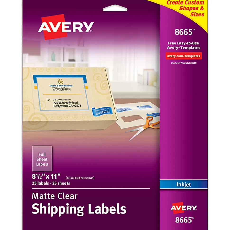 Avery® Easy Peel® Clear Full-Sheet Labels, 8665, Full Sheet, 8 1/2" x 11", Box Of 25