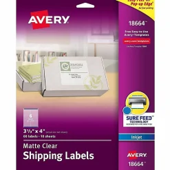 Avery® Easy Peel® Clear Inkjet Shipping Labels, 18664, 3 1/3