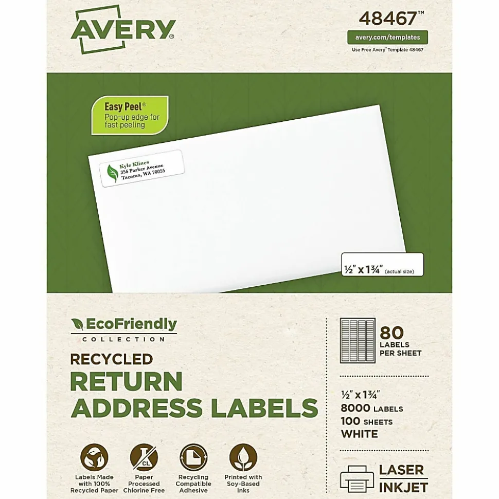 Avery® Easy Peel® EcoFriendly Permanent Inkjet/Laser Return Address Labels, 48467, 1/2" x 1 3/4", 100% Recycled, White, Pack Of 8,000