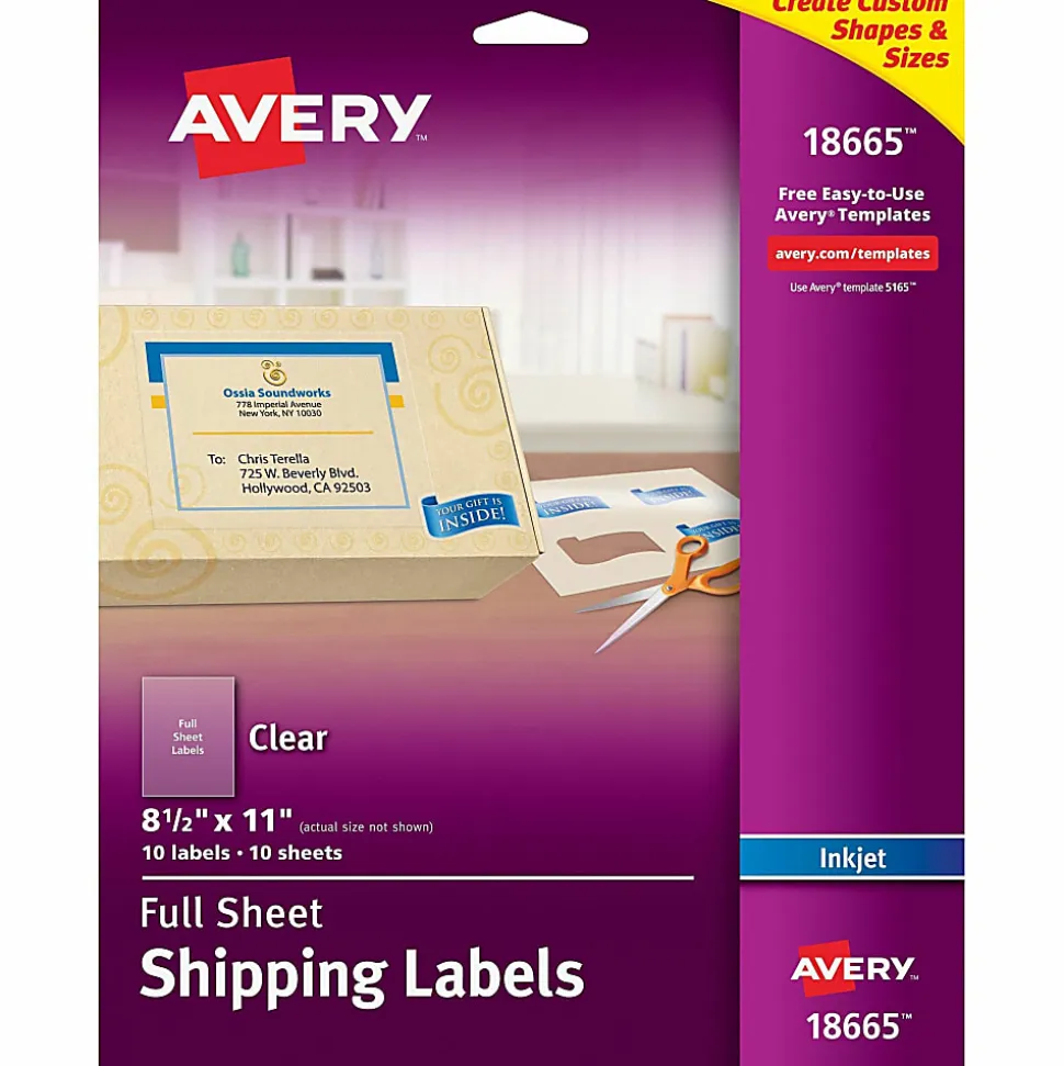 Avery® Easy Peel® Permanent Address Labels, Shipping, 18665, 8 1/2" x 11", Matte Clear, Box Of 10