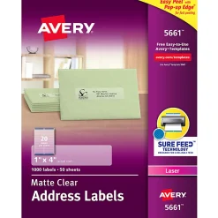 Avery® Easy Peel® Permanent Laser Address Labels, 5661, 1" x 4", Clear, Pack Of 1,000