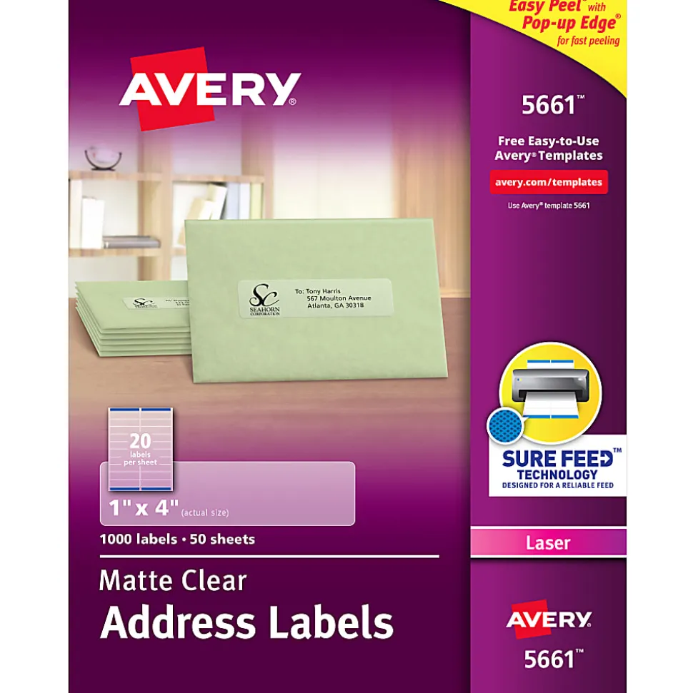 Avery® Easy Peel® Permanent Laser Address Labels, 5661, 1" x 4", Clear, Pack Of 1,000