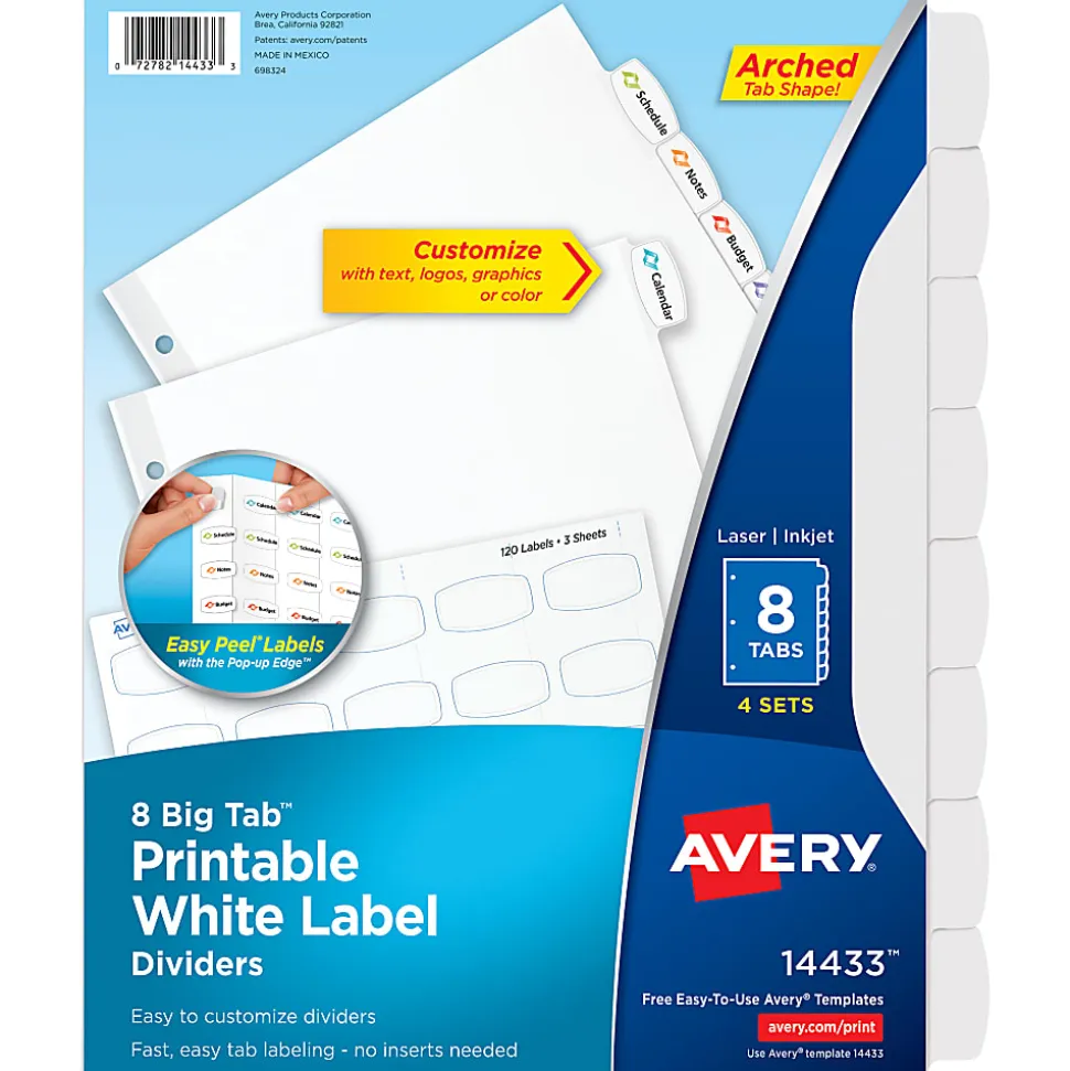 Avery® Easy Peel® Pop-up Edge® Label Dividers, 8 1/2" x 11", 8-Tab, White, Pack Of 4