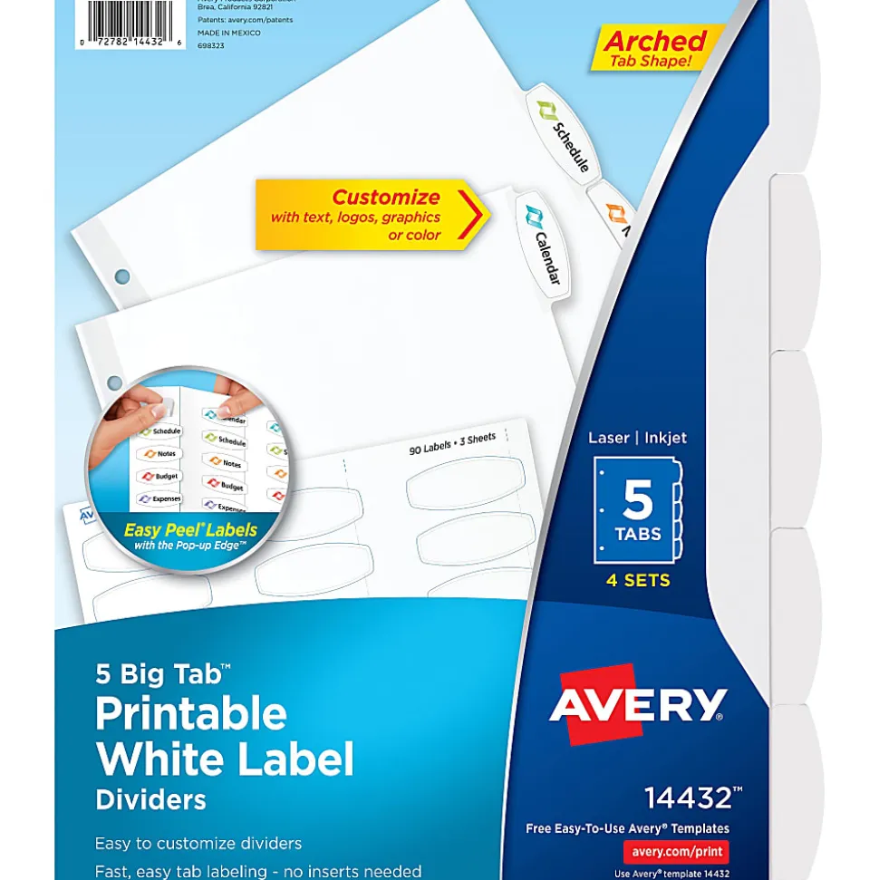 Avery® Easy Peel® Pop-up Edge® Label Dividers, 8 1/2" x 11", 5-Tab, White, Pack Of 4