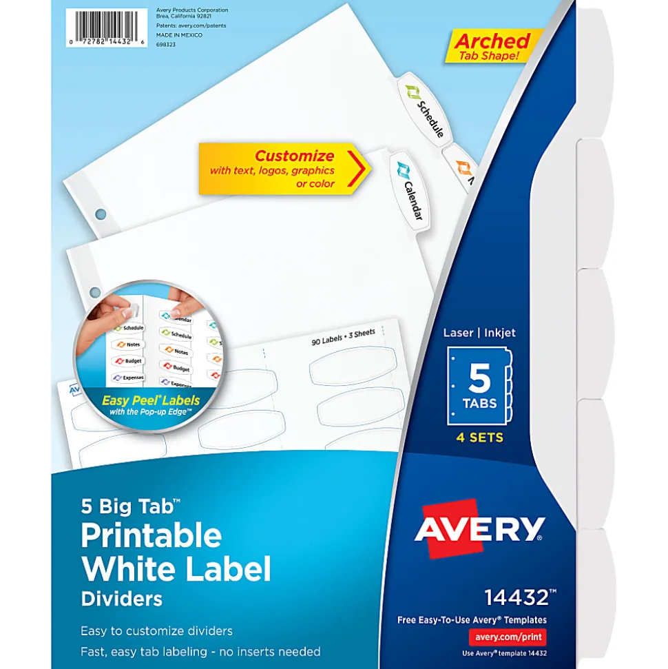 Avery® Easy Peel® Pop-up Edge® Label Dividers, 8 1/2" x 11", 5-Tab, White, Pack Of 4