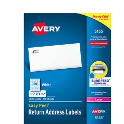 Avery® Easy Peel® Return Address Labels With Sure Feed® Technology, 5155, Rectangle, 2/3" x 1-3/4", White, Pack Of 6,000