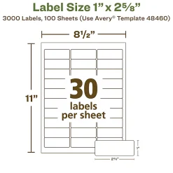 Avery® EcoFriendly Address Labels, 48460, Rectangle, 1" x 2-5/8", White, Pack Of 3,000