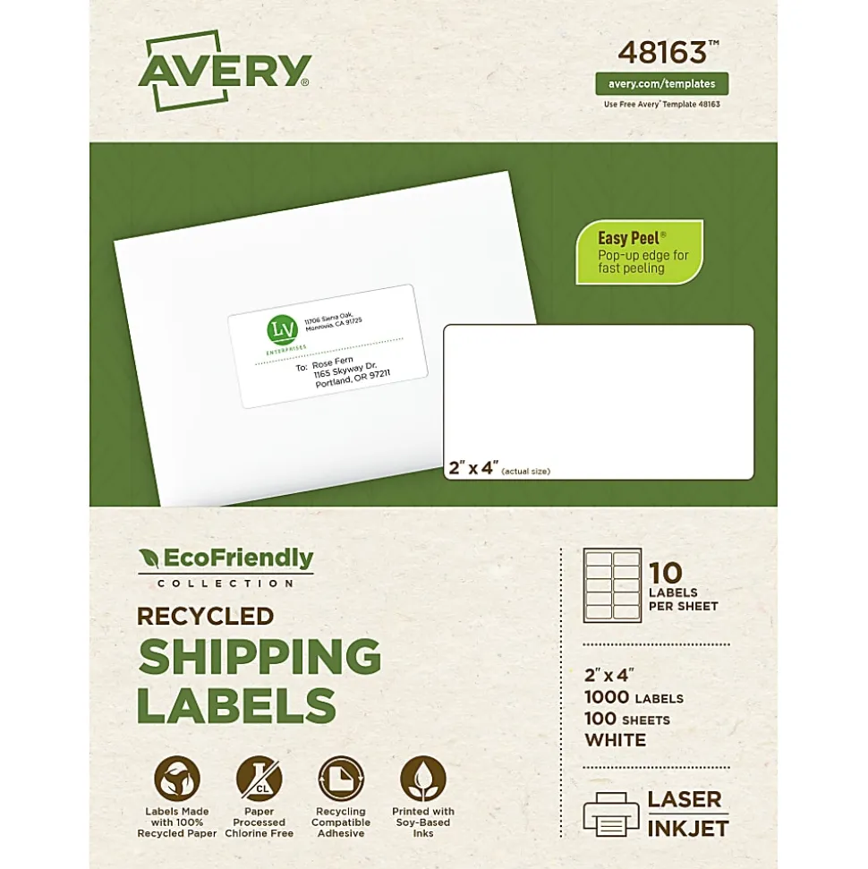 Avery® EcoFriendly Permanent Shipping Labels, 48163, 2" x 4", 100% Recycled, White, Box Of 1,000