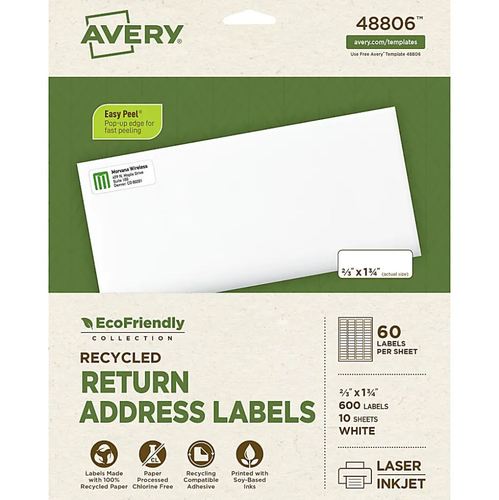 Avery® EcoFriendly Recycled Labels, Rectangle, 2/3" x 1-3/4", Matte White, Pack Of 600