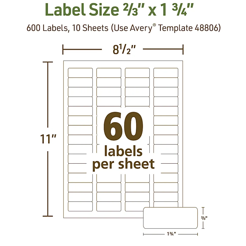 Avery® EcoFriendly Recycled Labels, Rectangle, 2/3" x 1-3/4", Matte White, Pack Of 600