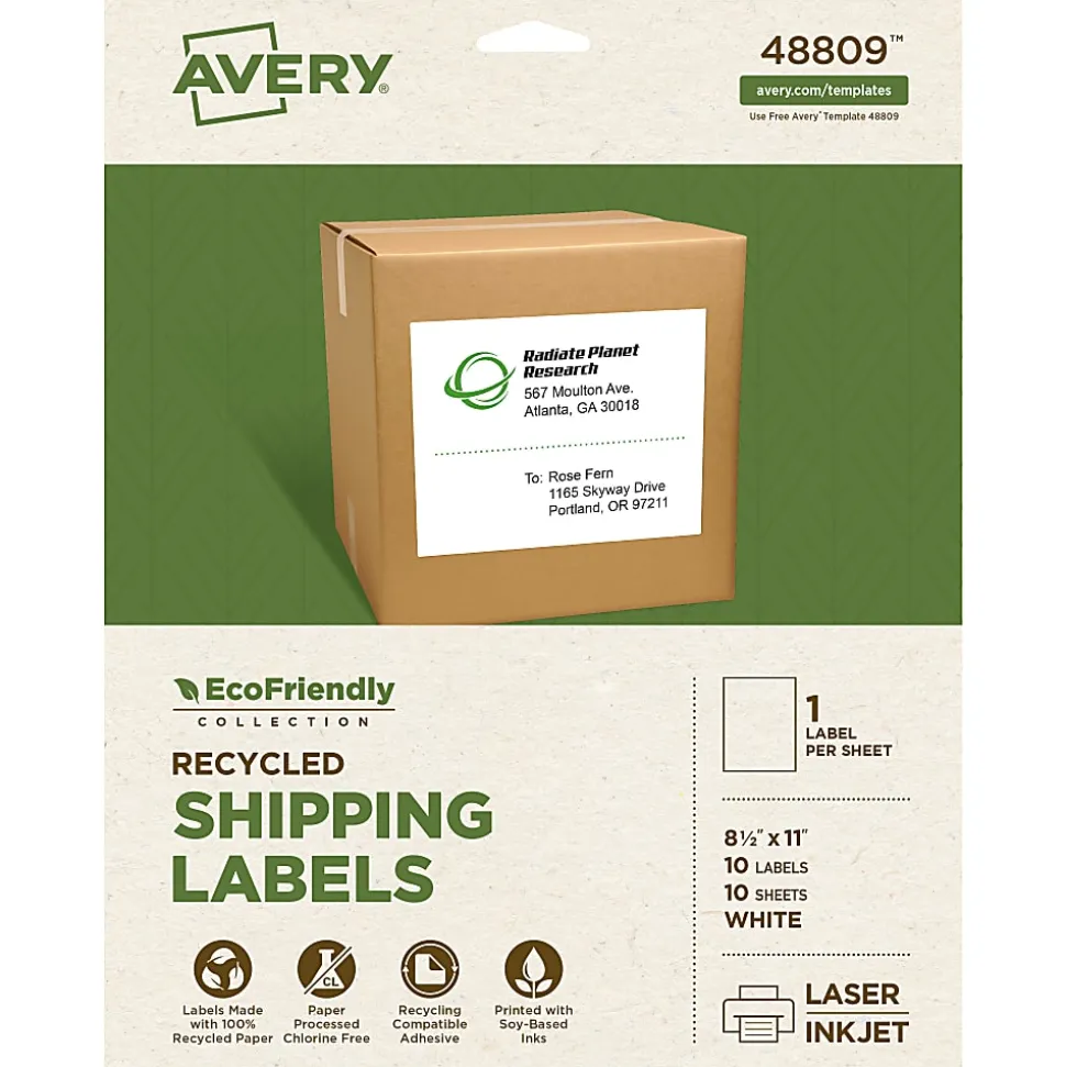 Avery® EcoFriendly Recycled Labels, Rectangle, 8-1/2" x 11", Matte White, Pack Of 10