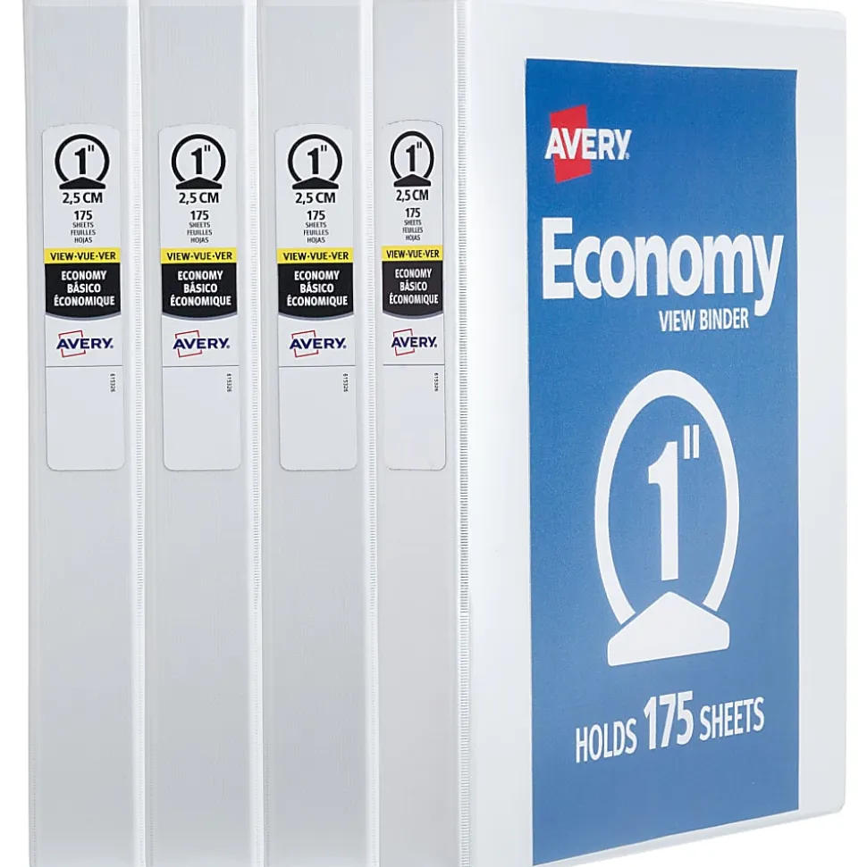 Avery® Economy View 3 Ring Binders, 1" Round Rings, White, Pack Of 4