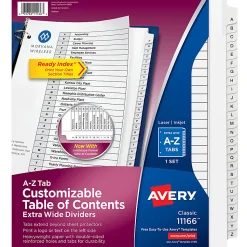 Avery® Extra-Wide A-Z Tab With Customizable Table of Contents Dividers For 3 Ring Binders, 9-1/4" x 11", 26 Tab, White, 1 Set