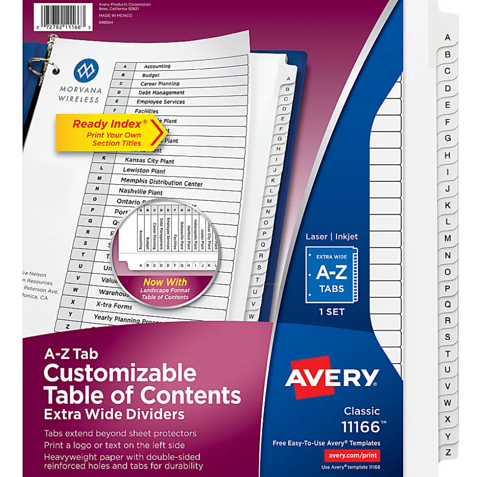 Avery® Extra-Wide A-Z Tab With Customizable Table of Contents Dividers For 3 Ring Binders, 9-1/4" x 11", 26 Tab, White, 1 Set