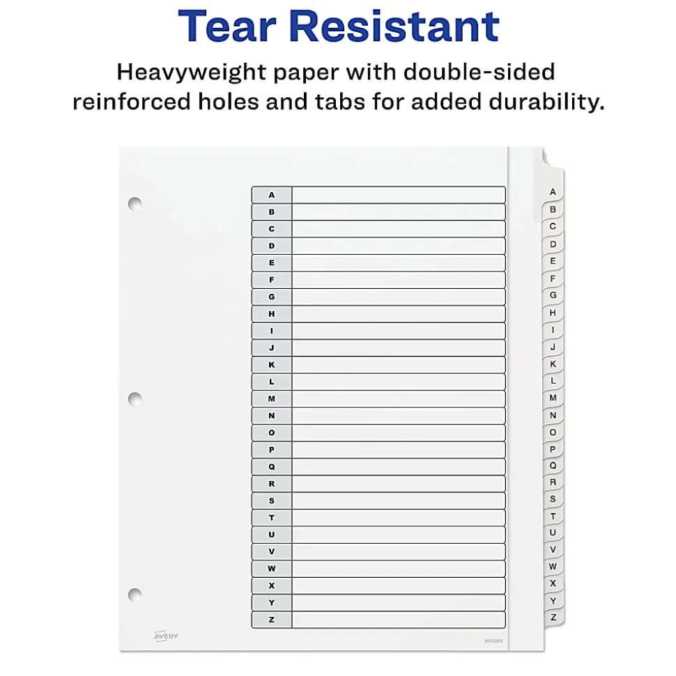 Avery® Extra-Wide A-Z Tab With Customizable Table of Contents Dividers For 3 Ring Binders, 9-1/4" x 11", 26 Tab, White, 1 Set