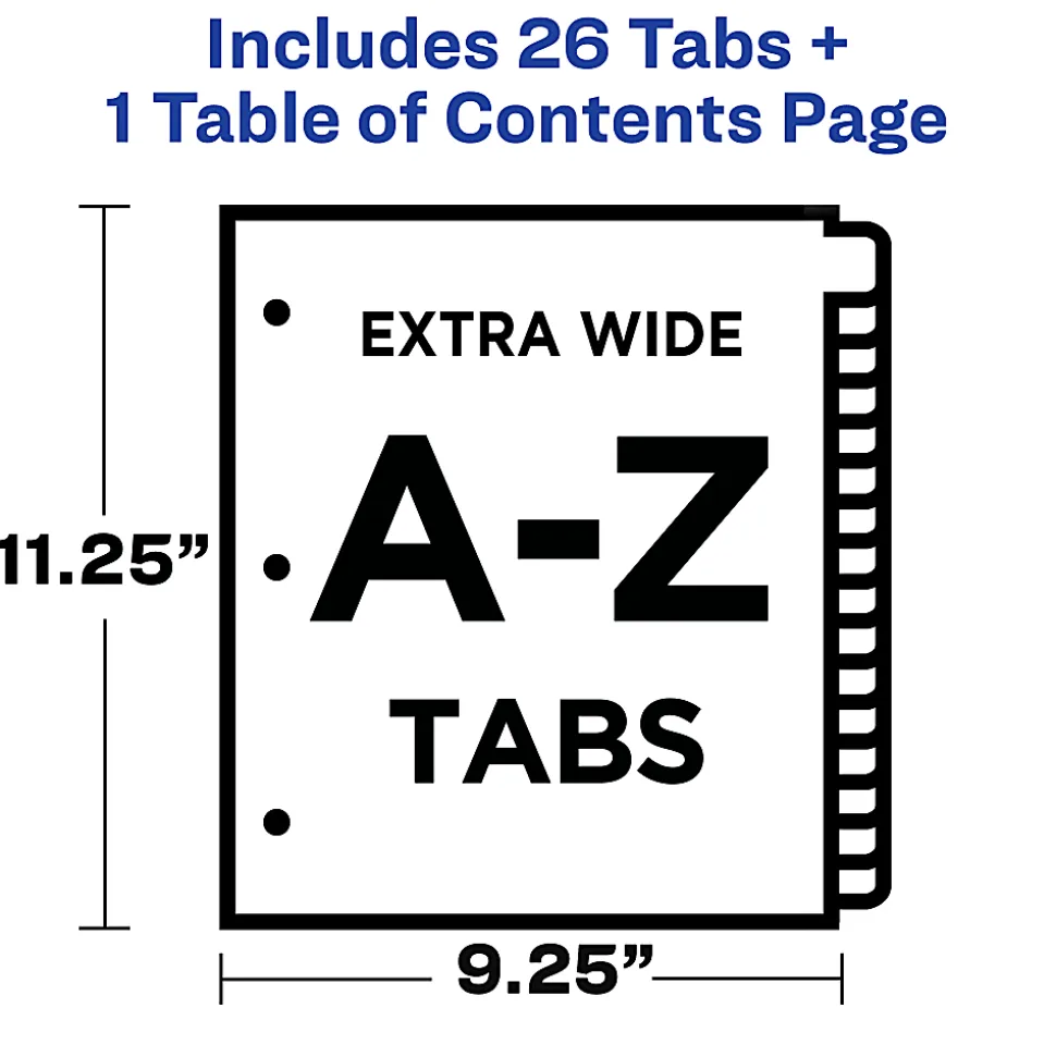 Avery® Extra-Wide A-Z Tab With Customizable Table of Contents Dividers For 3 Ring Binders, 9-1/4" x 11", 26 Tab, White, 1 Set