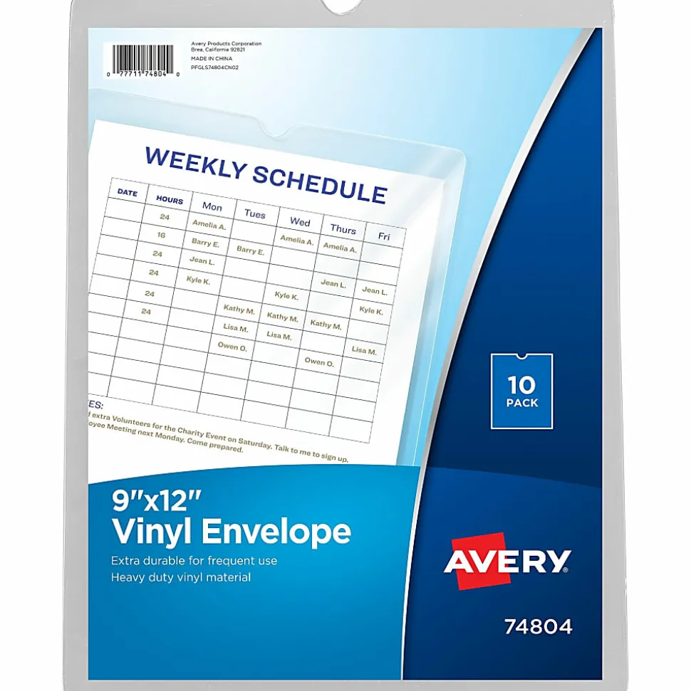 Avery® File Envelopes, Travel Document Organizer, Holds Up To 60 Sheets, 9" x 12", Clear, 10 Vinyl Envelopes