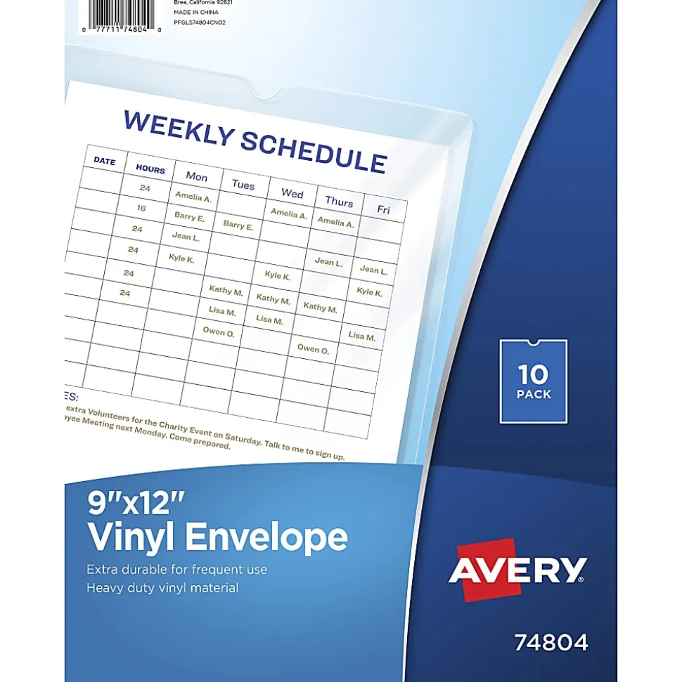 Avery® File Envelopes, Travel Document Organizer, Holds Up To 60 Sheets, 9" x 12", Clear, 10 Vinyl Envelopes