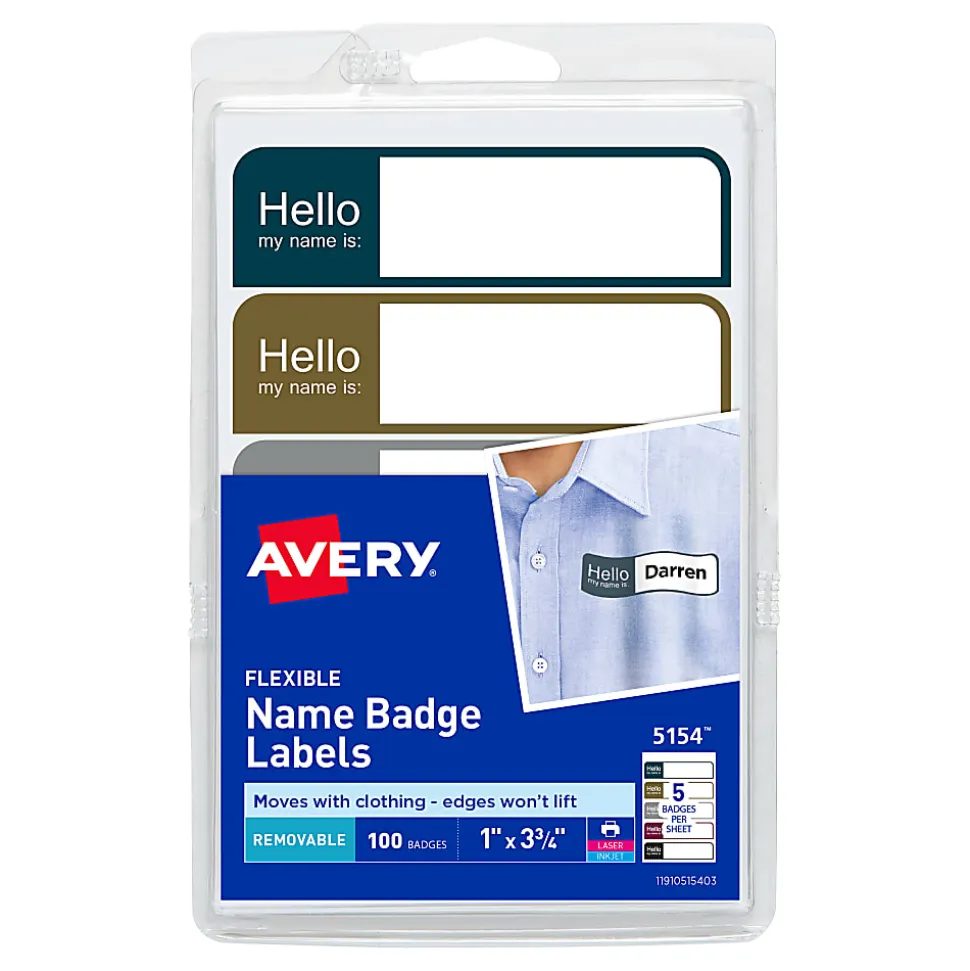 Avery® Flexible Name Badge Labels, Rectangle, 5154, 1" x 3 3/4", Assorted Colors, Pack Of 100