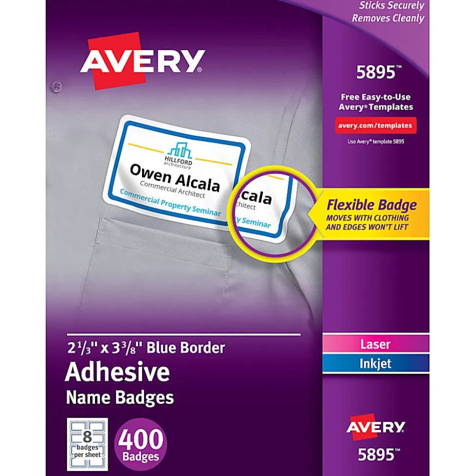 Avery® Flexible Name Badge Labels, 5895, 2 1/3" x 3 3/8", White With Blue Border, Box Of 400