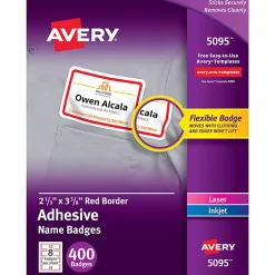 Avery® Flexible Name Badge Labels, 2 1/3" x 3 3/8", White With Red Border, Box Of 400
