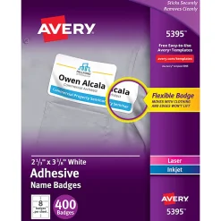 Avery® Flexible Name Badge Labels, 5395, 2 1/3" x 3 3/8", White, Box Of 400