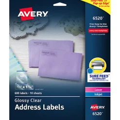 Avery® Glossy Address Labels With Sure Feed® Technology, 6520, Rectangle, 2/3