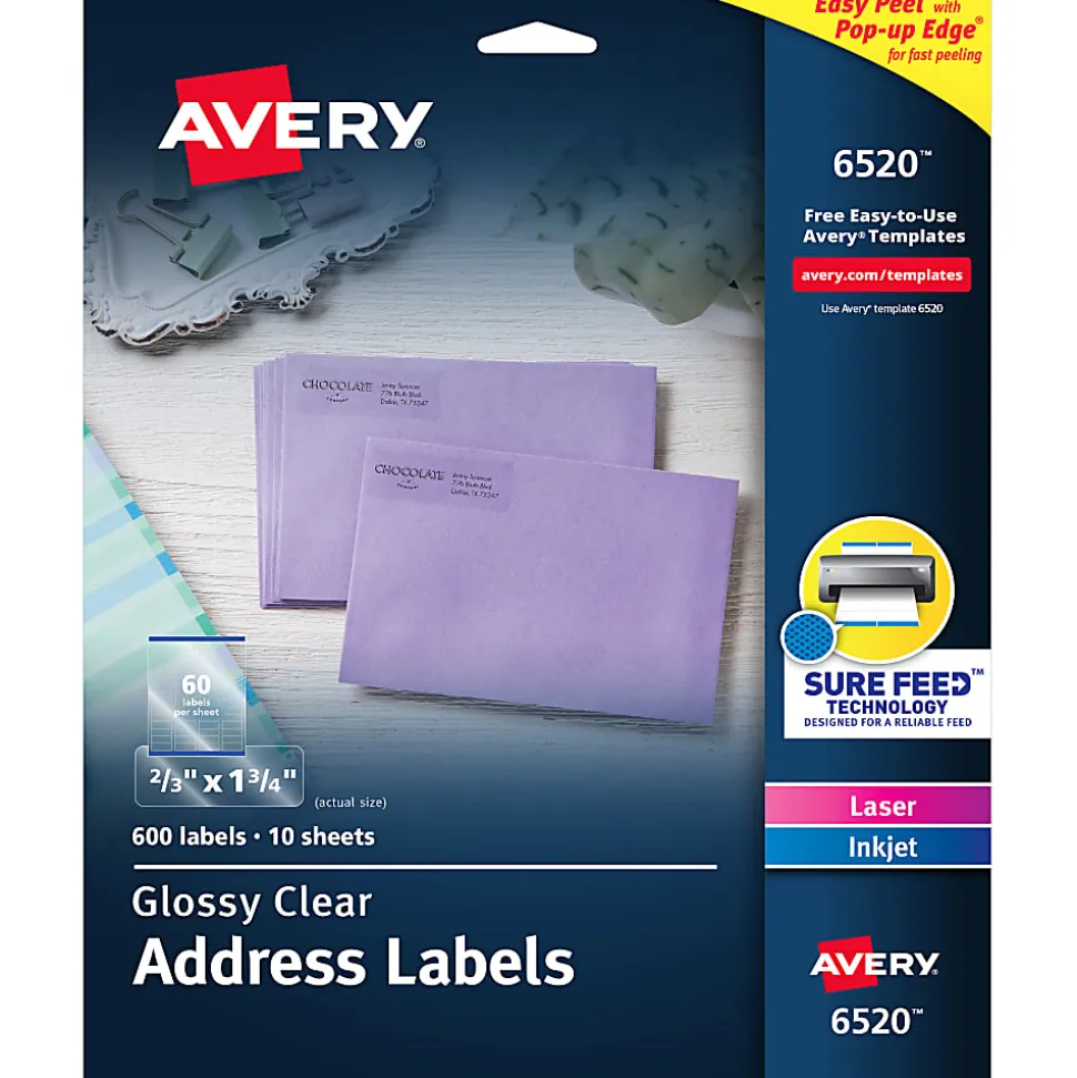 Avery® Glossy Address Labels With Sure Feed® Technology, 6520, Rectangle, 2/3" x 1-3/4", Clear, Pack Of 600