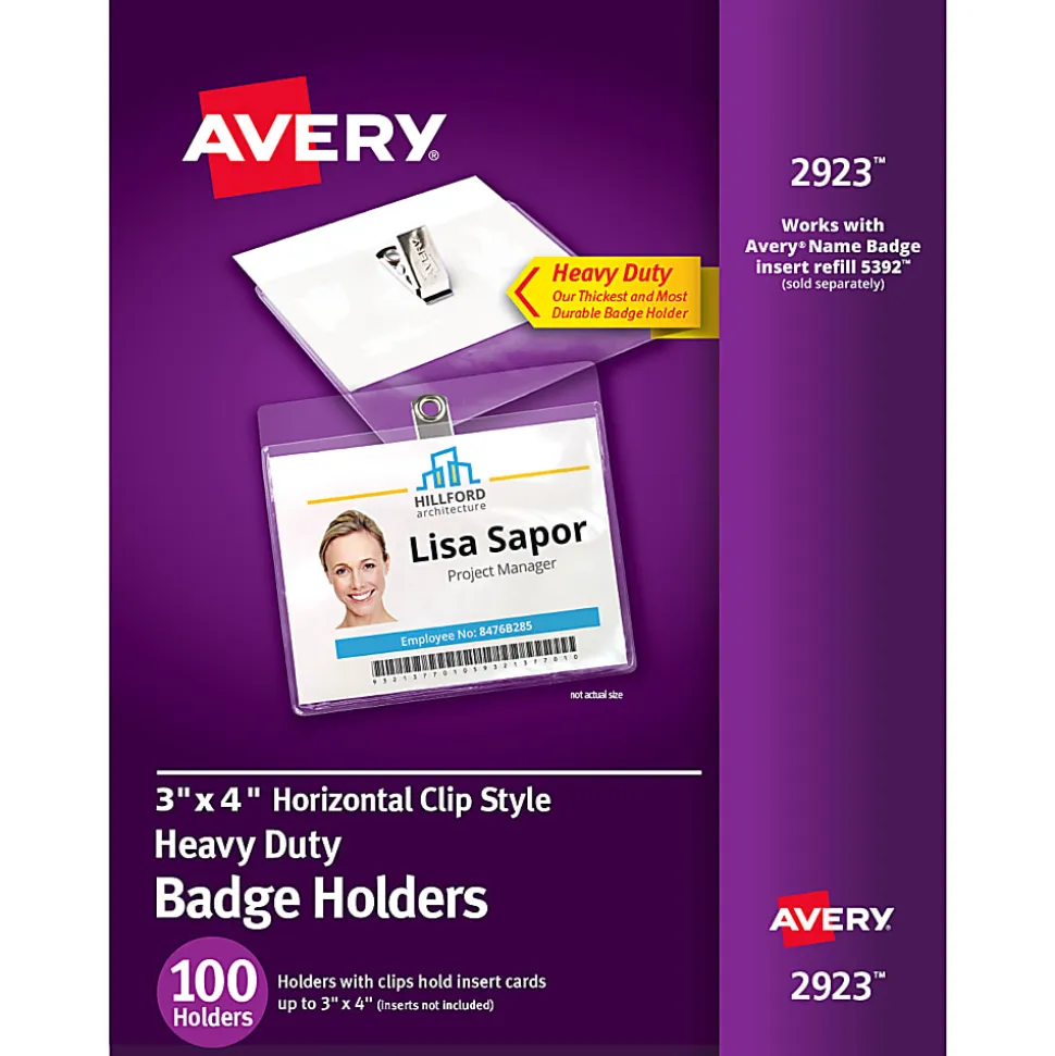 Avery® Heavy Duty Horizontal ID Badge Holders With Clips, 3" x 4", Clear, Box Of 100