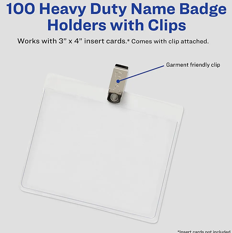 Avery® Heavy Duty Horizontal ID Badge Holders With Clips, 3" x 4", Clear, Box Of 100