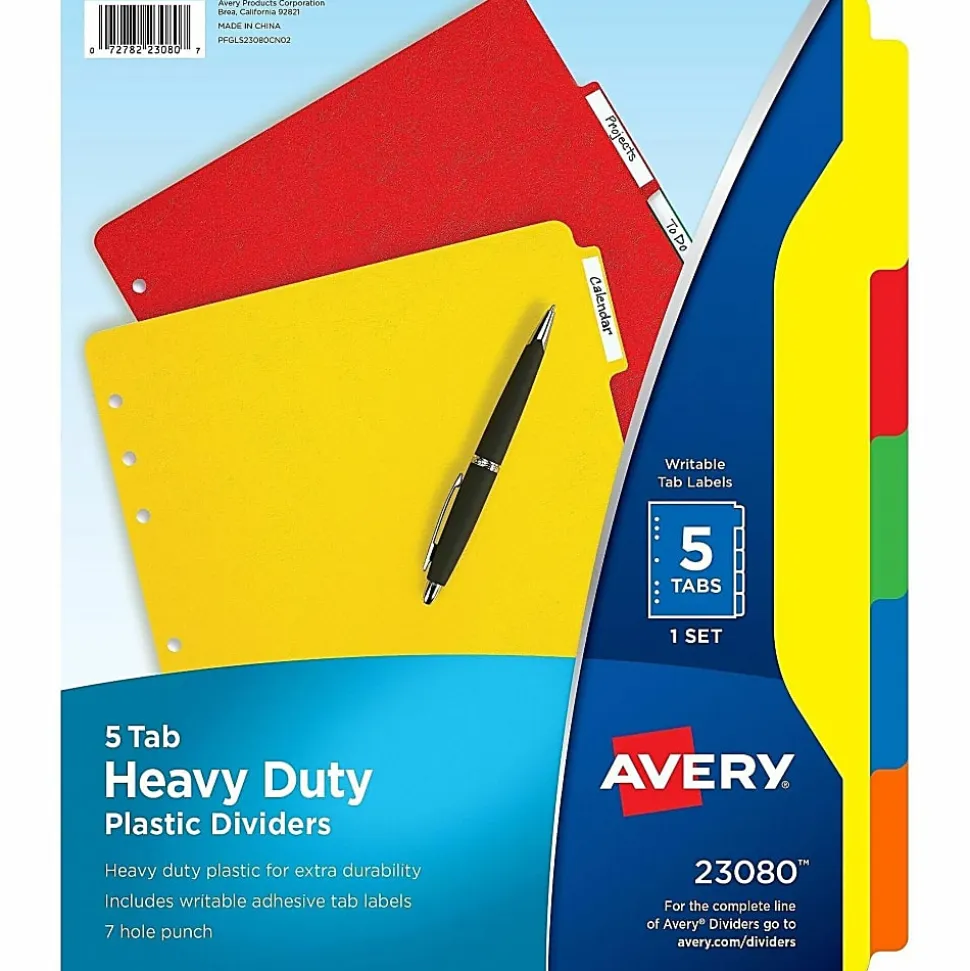 Avery® Heavy Duty Plastic Dividers With White Tab Labels, 8 1/2" x 11", Multicolor, 5-Tab
