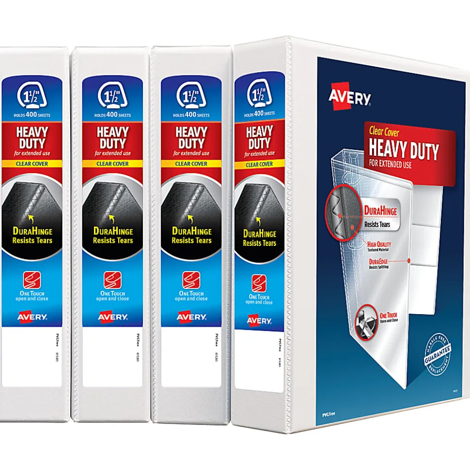 Avery® Heavy-Duty View 3 Ring Binders, 1.5" One Touch Slant Rings, White, Pack Of 4