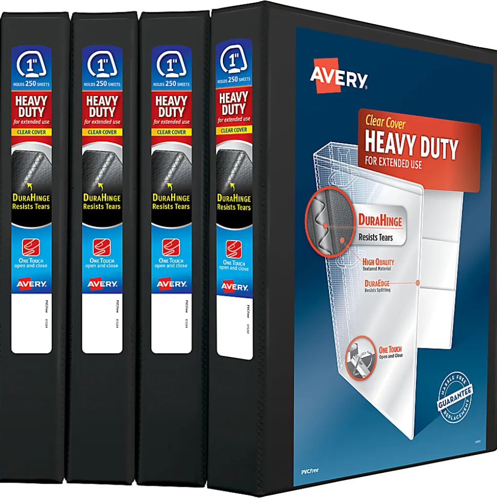 Avery® Heavy-Duty View 3 Ring Binders, 1" One Touch Slant Rings, Black, Pack Of 4
