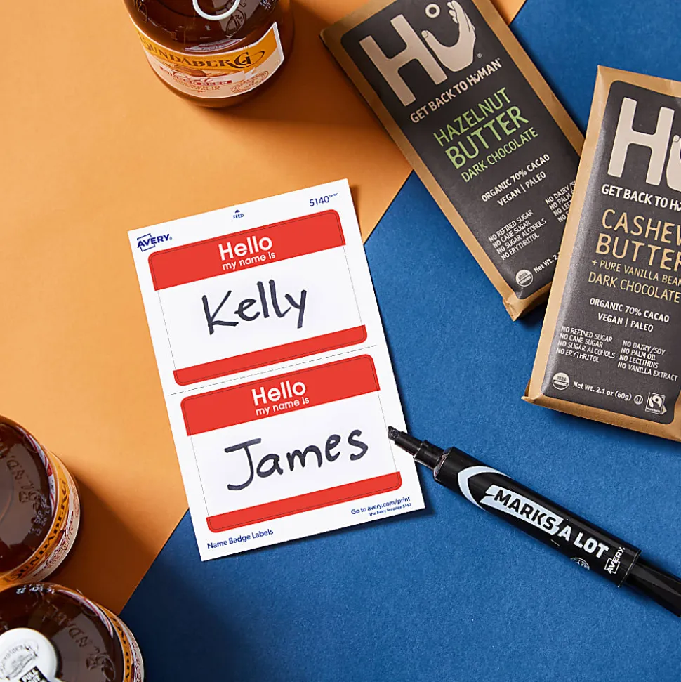 Avery® "Hello My Name Is" Name Tags, 05140, 2-1/3" x 3-3/8", White With Red Border, 100 Removable Name Badges
