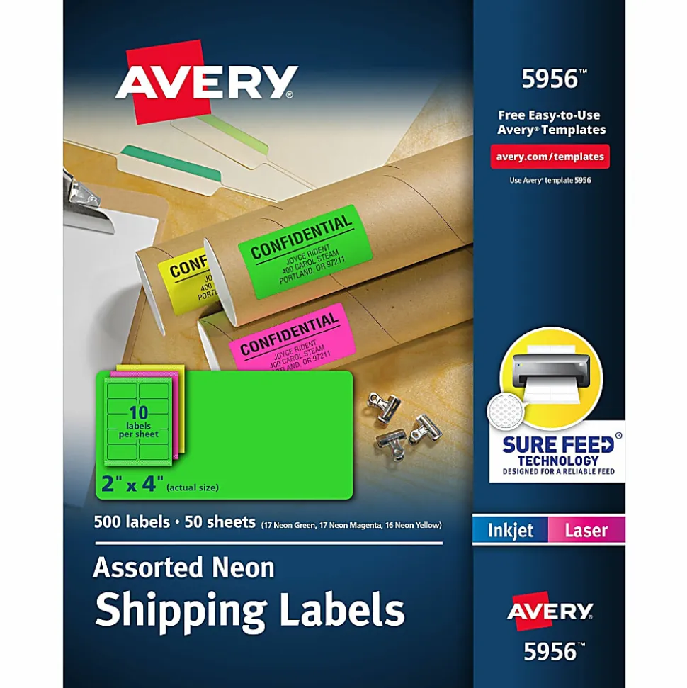 Avery® High-Visibility Permanent Shipping Labels, 5956, 2" x 4", Assorted Colors, Pack Of 500