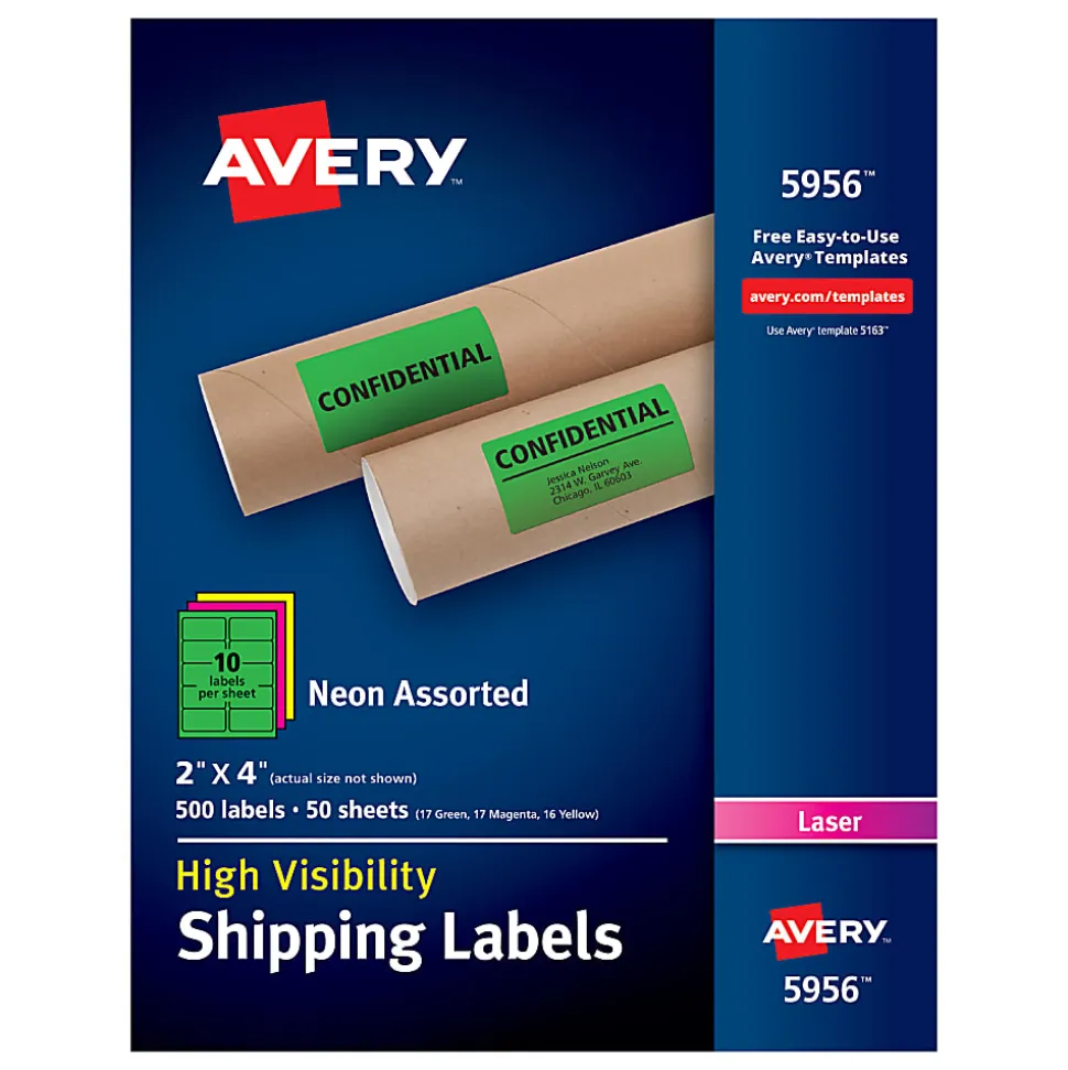 Avery® High-Visibility Permanent Shipping Labels, 5956, 2" x 4", Assorted Colors, Pack Of 500