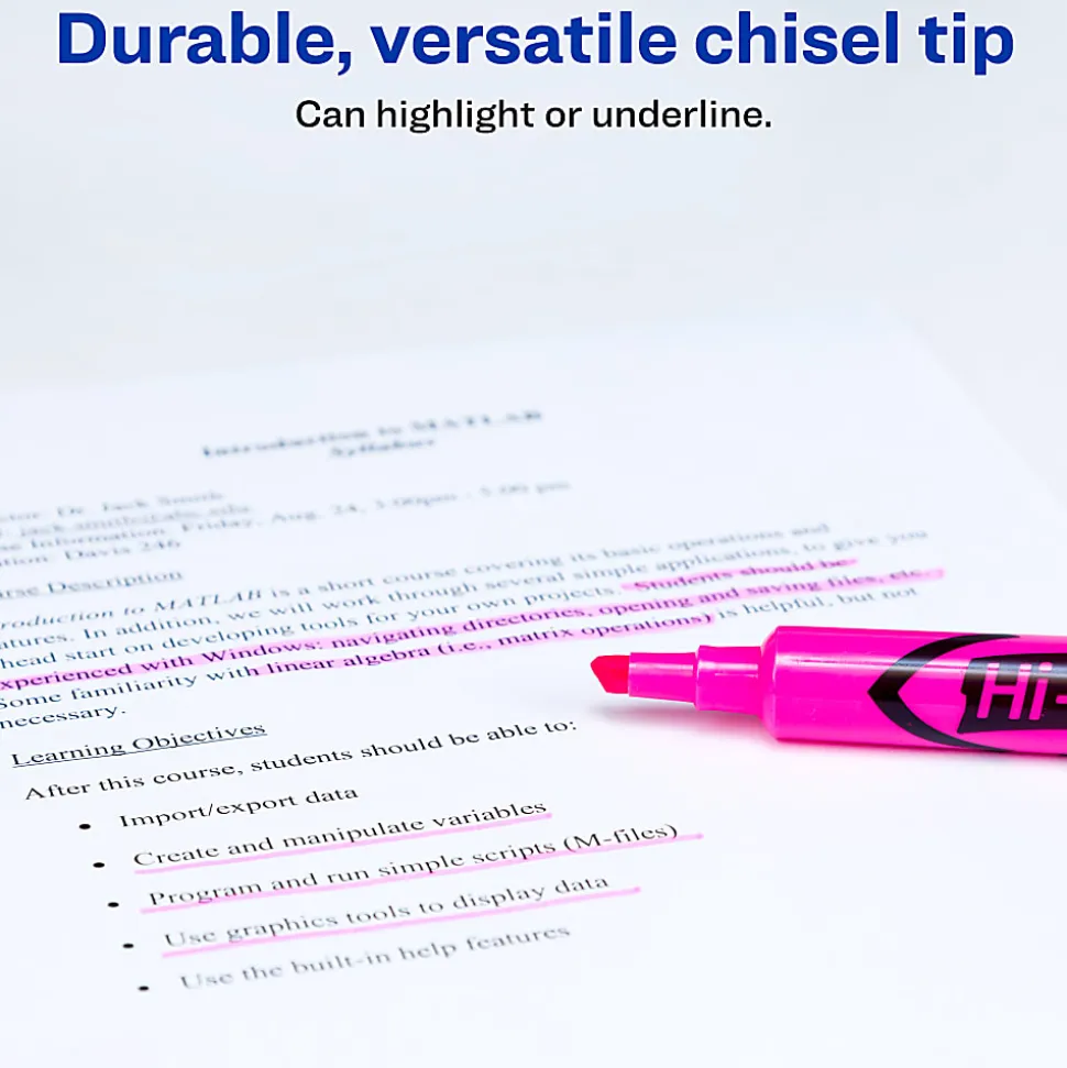 Avery® Hi-Liter® Highlighters, SmearSafe®, Chisel Tip, Desk-Style, Fluorescent Pink, Box Of 12