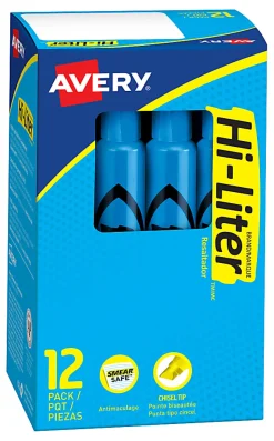 Avery® Hi-Liter® SmearSafe® Highlighters, Chisel Tip, Desk-Style, Fluorescent Blue, Pack Of 12 Highlighters