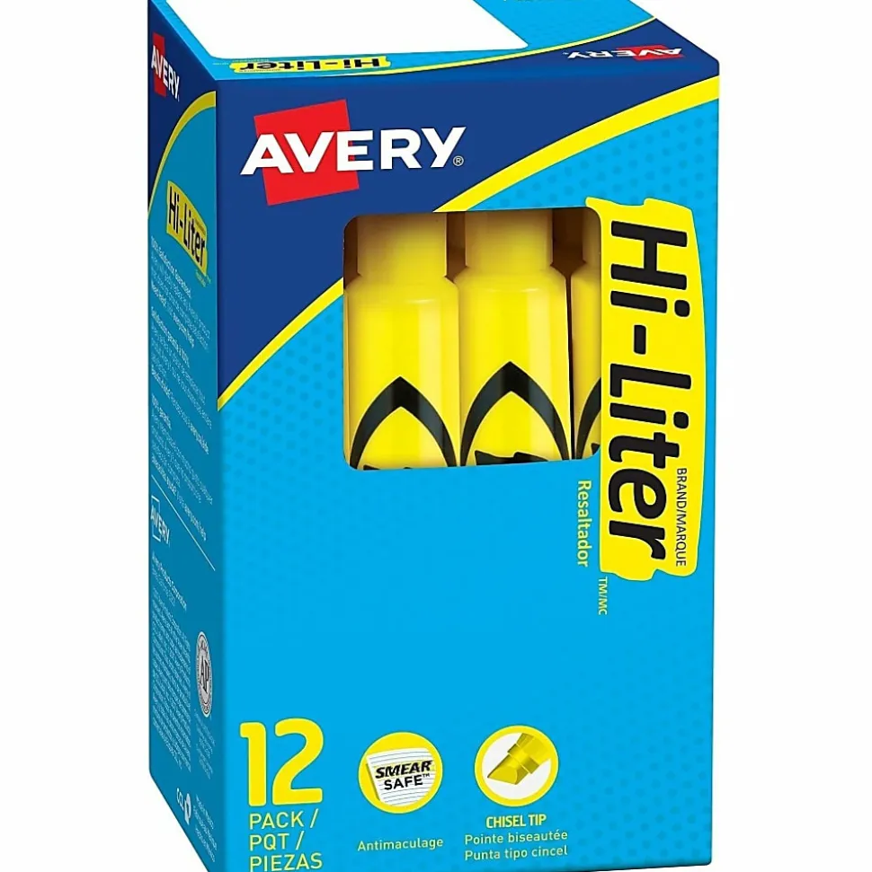 Avery® Hi-Liter® SmearSafe® Highlighters, Chisel Tip, Desk-Style, Yellow, Pack Of 12 Highlighters