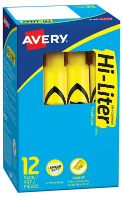 Avery® Hi-Liter® SmearSafe® Highlighters, Chisel Tip, Desk-Style, Yellow, Pack Of 12 Highlighters