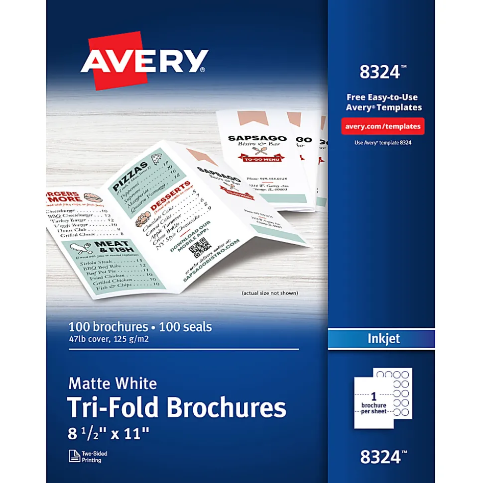 Avery® Inkjet Trifold Matte Brochures, Letter Size (8 1/2" x 11"), White, Pack Of 100