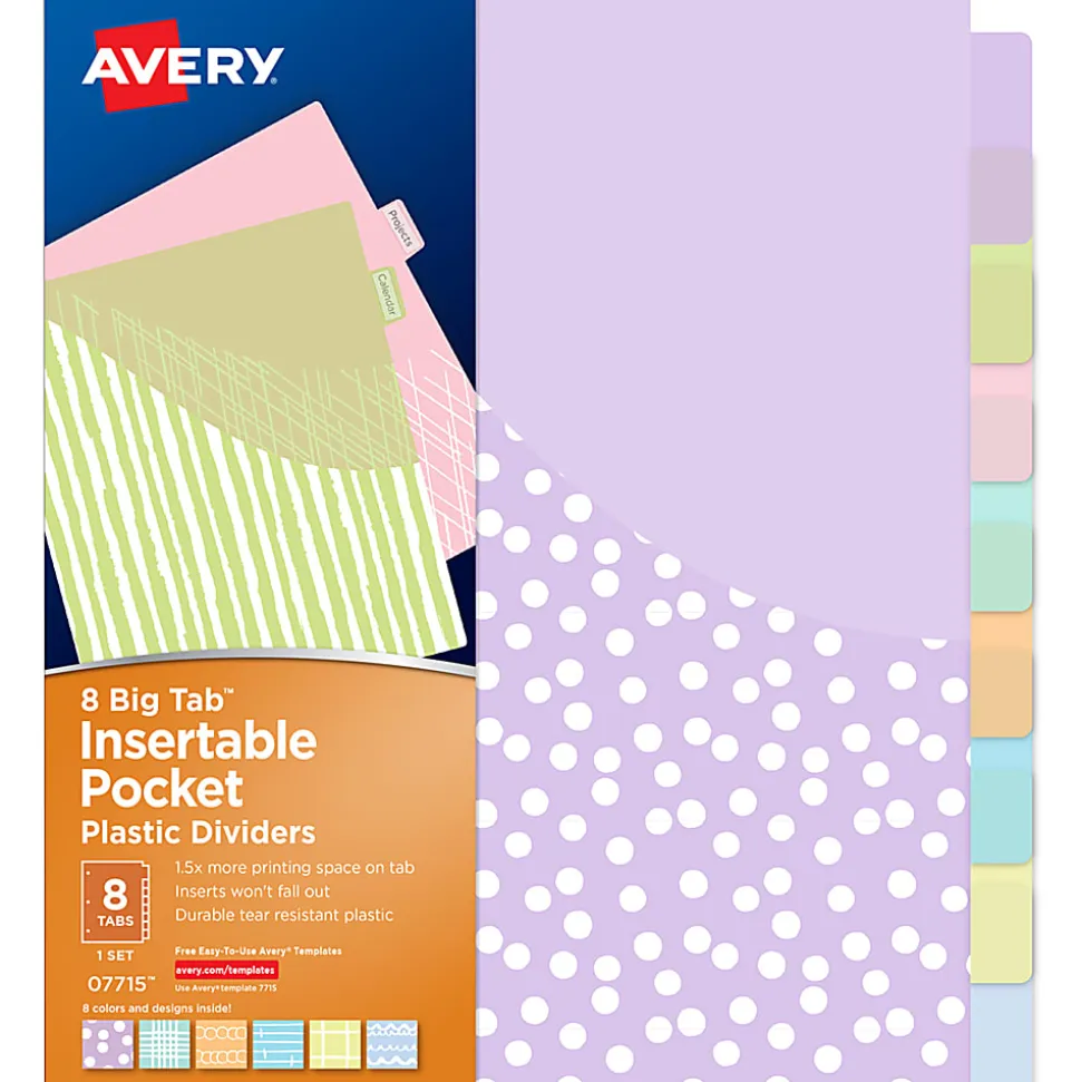 Avery® Insertable Big Tab™ Binder Dividers, 8 Tabs, Pastel Classic Designs