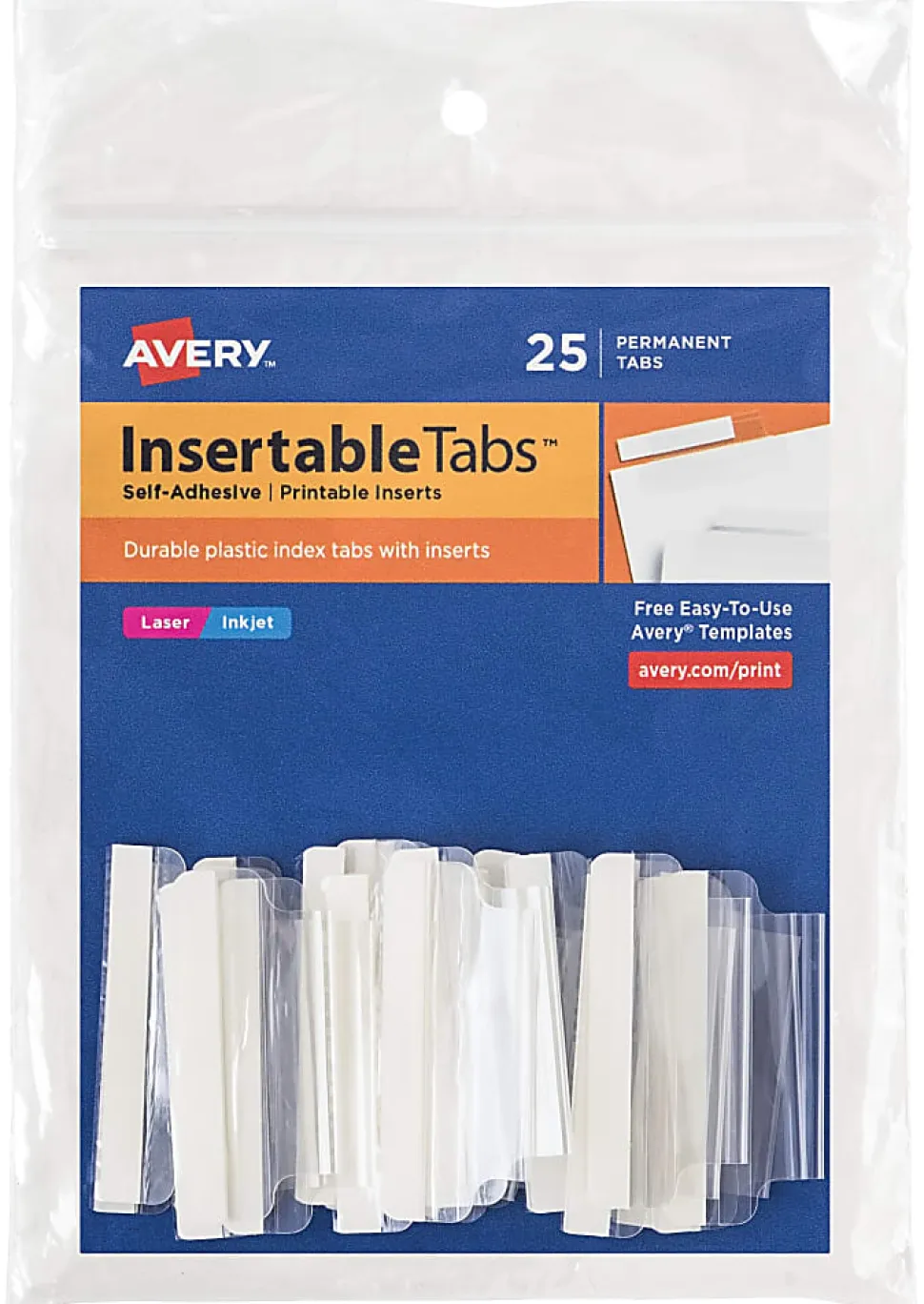 Avery® Insertable Self-Adhesive Index Tabs With Printable Inserts, 1.5", Clear, Pack Of 25